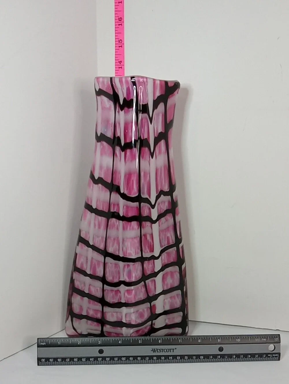 Handblown Large Stylish Pink BLack White Patterned Grid Print Glass Vase Whimsy